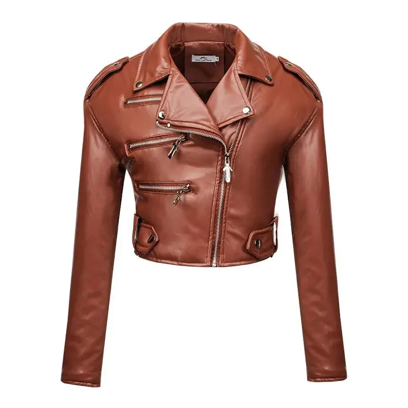 FZ Women's Slim-fitting Short Cotton Long-sleeved Lapel PU Leather Jacket Hoodie Zip-Up Jacket Button-Up Jacket