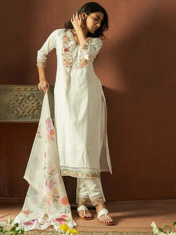 Women White Embroidered Straight Kurta Trousers With Dupatta Set Trousers versatile functional