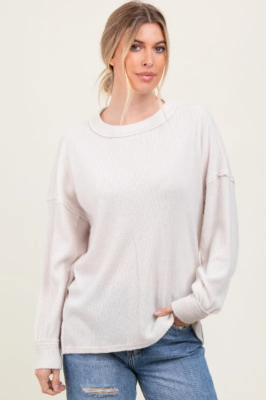 Cream Brushed Ribbed Knit Pullover Thick Cable Knit