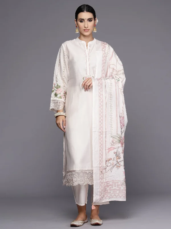 Women White Embroidered Straight Kurta Trousers With Dupatta Set Trousers Elastic Waist Soft