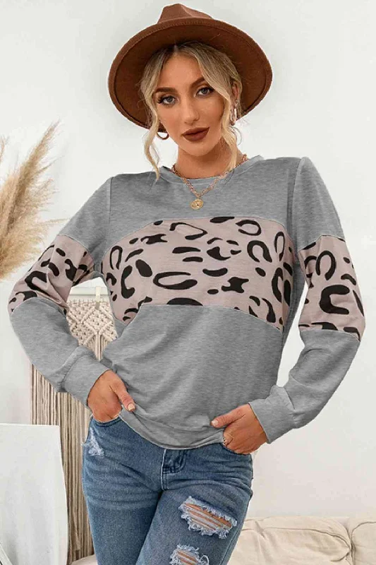 Contrast Leopard Crewneck Ladies Sweatshirt Hoodie with Hem Embroidery Detailed Premium