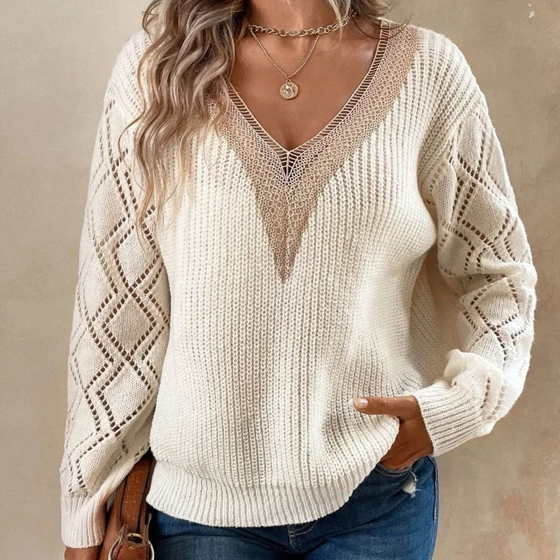 V-neck loose casual pullover women's sweater Lapel Neck Sweater