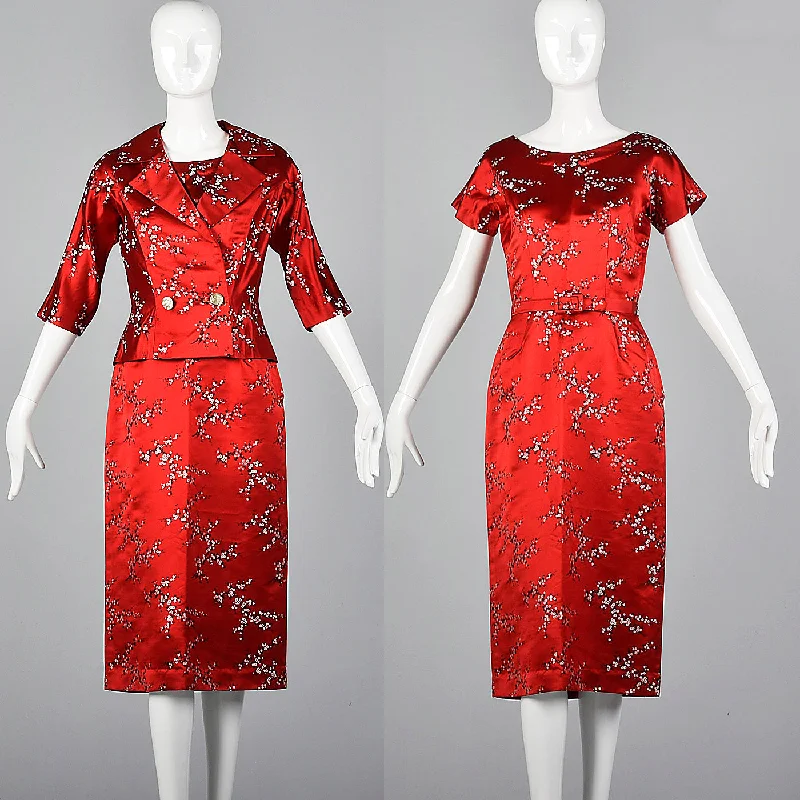 1960s Red Brocade Dress and Jacket Set Front Pockets Side Pockets Patch Pockets