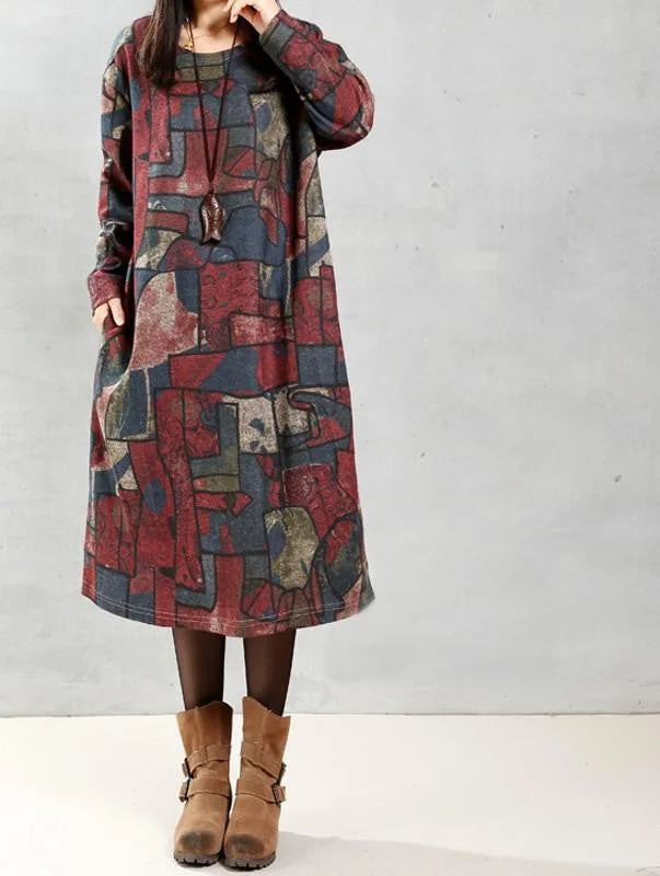 ZANZEA Women Autumn Oversized Vintage Print Dress Casual Loose Long Sleeve O Neck Mid-calf Length Dress Vestidos Plus Size
