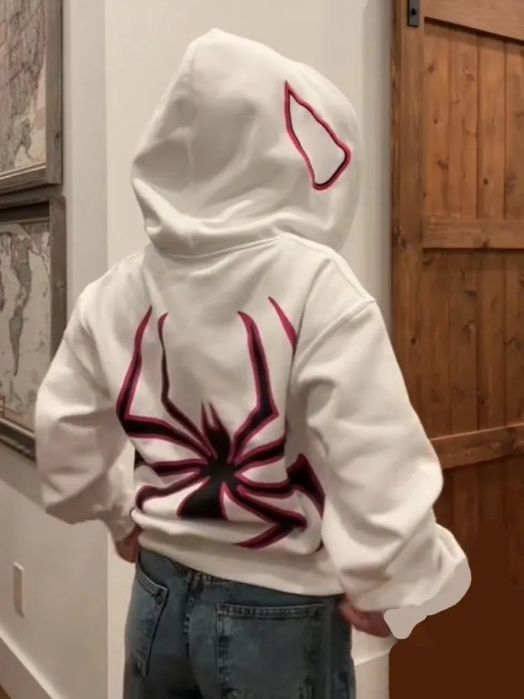 Y2k Men Spider Print Hoodies Women Hip Hop Zipper Long Sleeve Jacket Coats Autumn Winter Harajuku Casual Loose Hooded Sweatshirt Hoodie with Drawstring Waist Adjustable Fitted