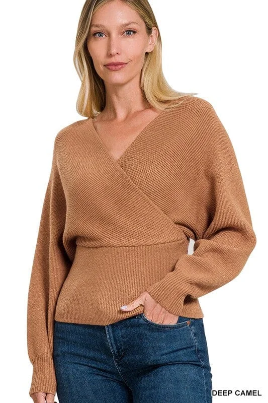 Viscose Cross Wrap Pullover Sweater Asymmetrical Hem Sweater