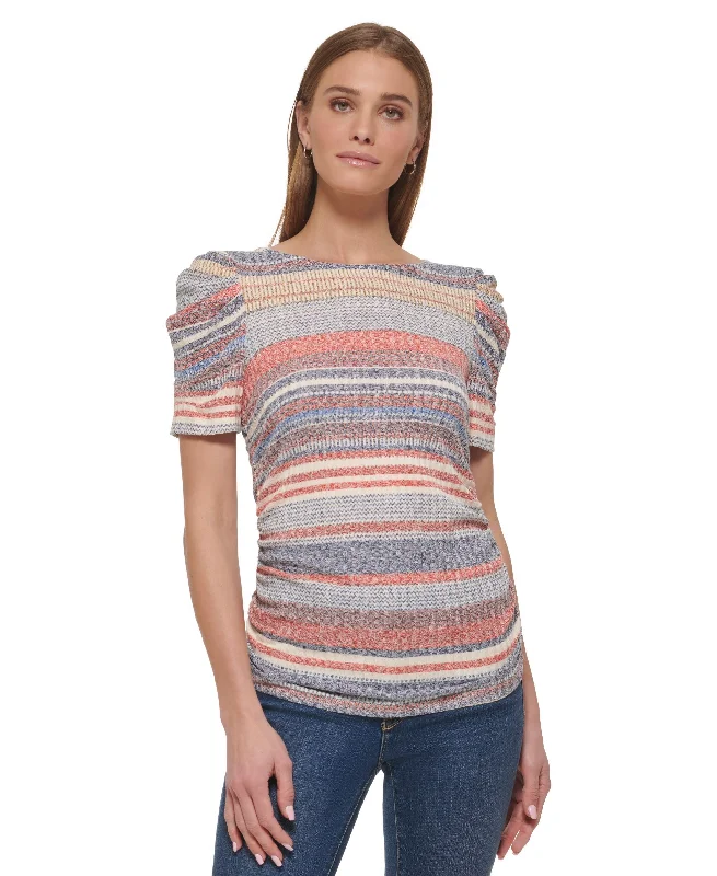 Women's Striped Puffed-Sleeve Pullover Top Sabrina Neck Pullover