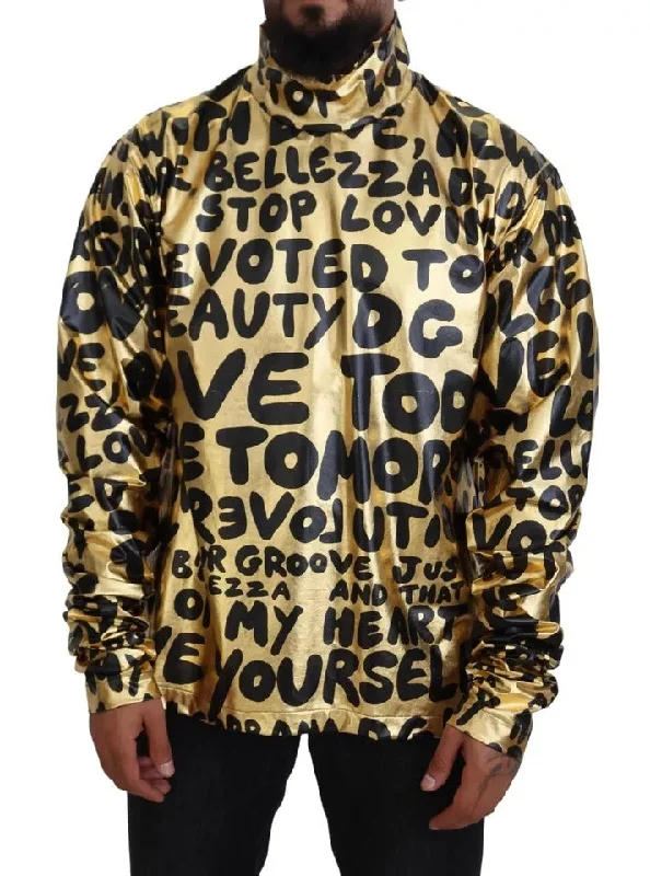 Gold Logo Print Turtleneck Pullover Sweater Turtleneck Warm Pullover