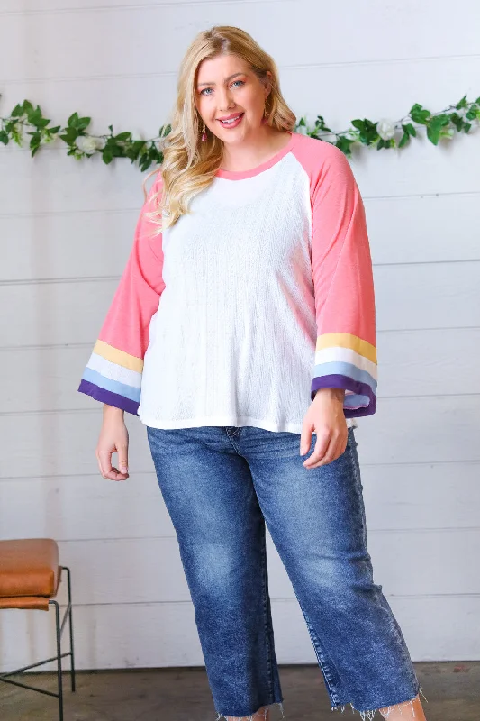 Pink Pointelle Color Block Wide Sleeve Pullover Slouchy Comfort Pullover