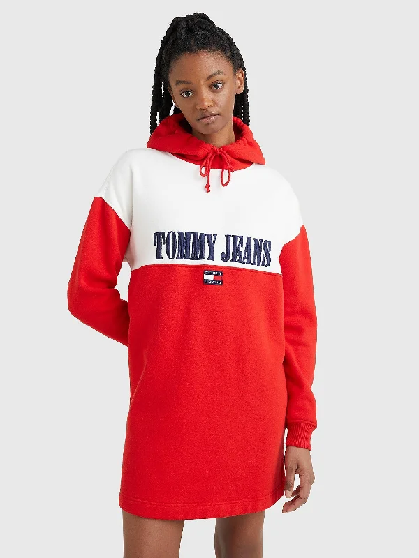 Tommy Hilfiger Retro Logo Hoodie Dress - Women Hoodie with Rolled Sleeves Casual Relaxed