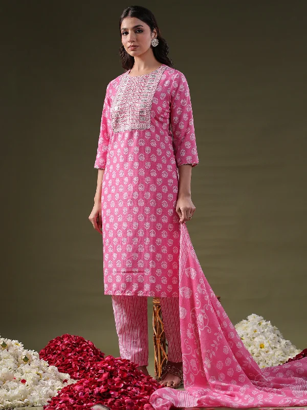 Women Pink Printed Straight Kurta Trousers With Dupatta Set High Waist Slim Fit Ankle Length