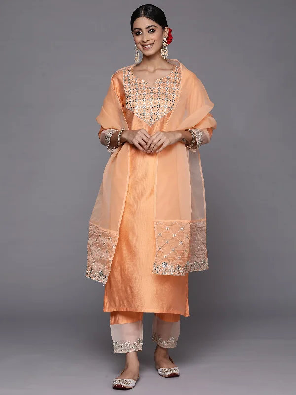 Women Peach Embroidered Straight Kurta Trousers With Dupatta Set Trousers Polka Dot Cute