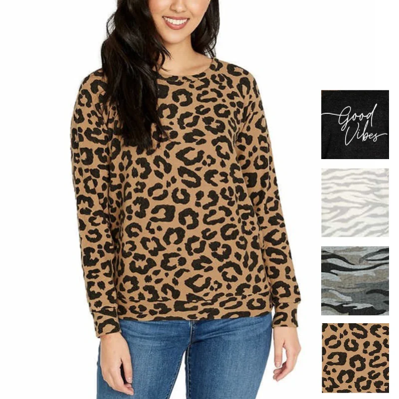 Buffalo David Bitton Women's Ultra Soft Leopard Print Cozy Pullover Top Scalloped Neck Pullover