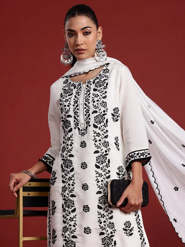 Women White Embroidered Straight Kurta Trousers With Dupatta  Set Trousers Cargo Utility