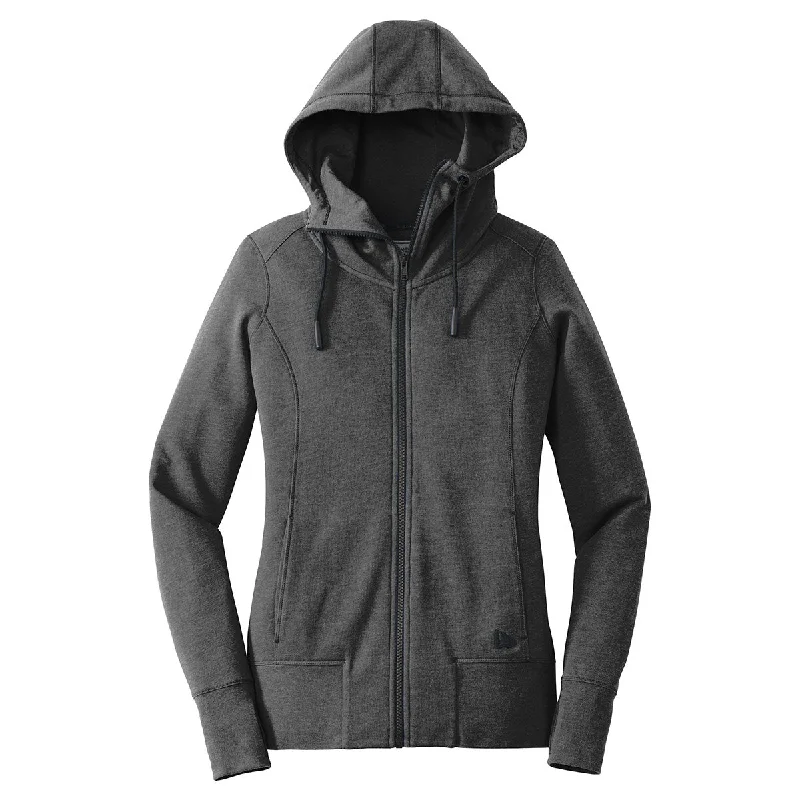 New Era Women's Black Heather Tri-Blend Fleece Full Zip Hoodie Hoodie with Raw Hem Edgy Unfinished