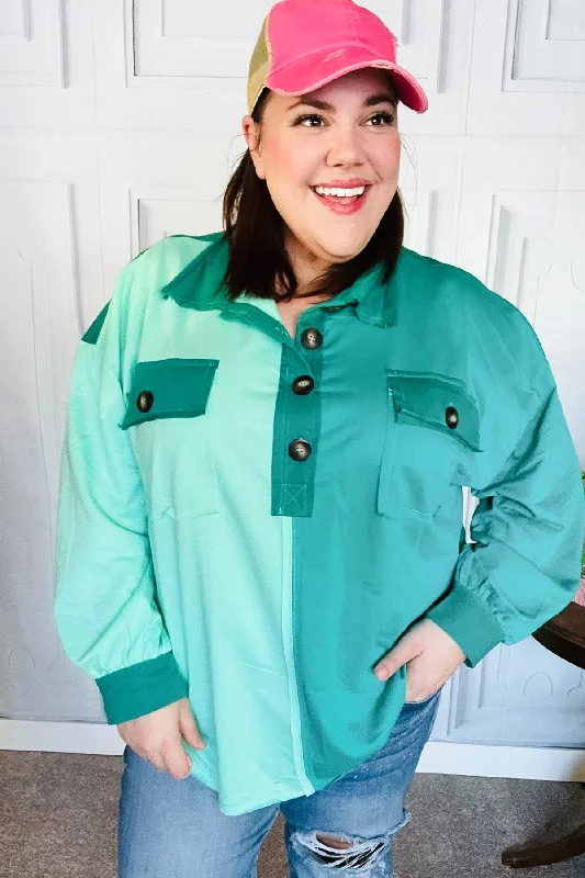 On The Way Up Mint Color Block Button Down Pullover Honey Neck Pullover