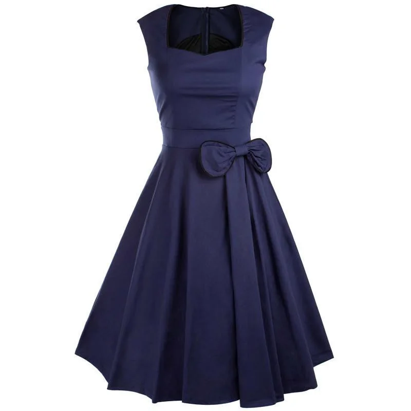 Viifaa Women Bow Vintage Dress Summer Evening Retro Party Elegant Cotton Black Rockabilly 1950s Swing Dresses