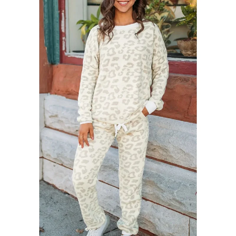 White Leopard Pullover and Drawstring Pants Lounge Set Solo Sleeve Pullover