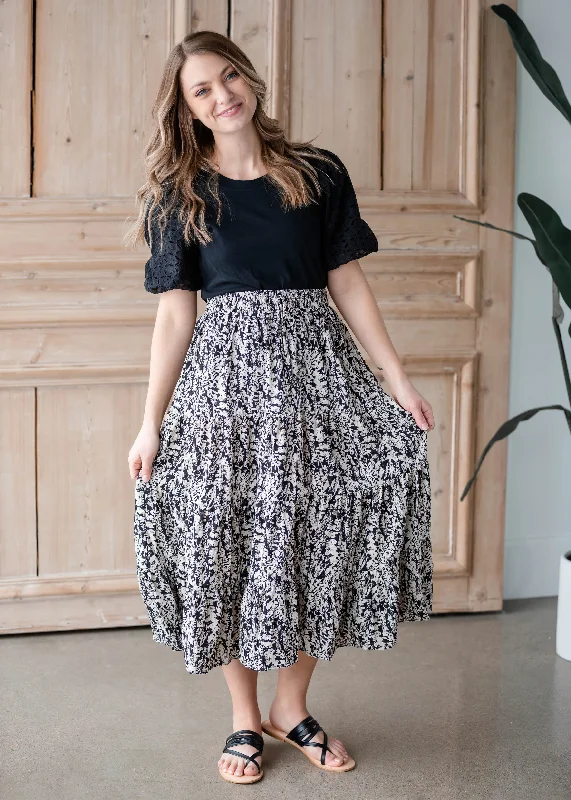 Black & White Leaf Print Tiered Midi Skirt - FINAL SALE flowy skirt hem