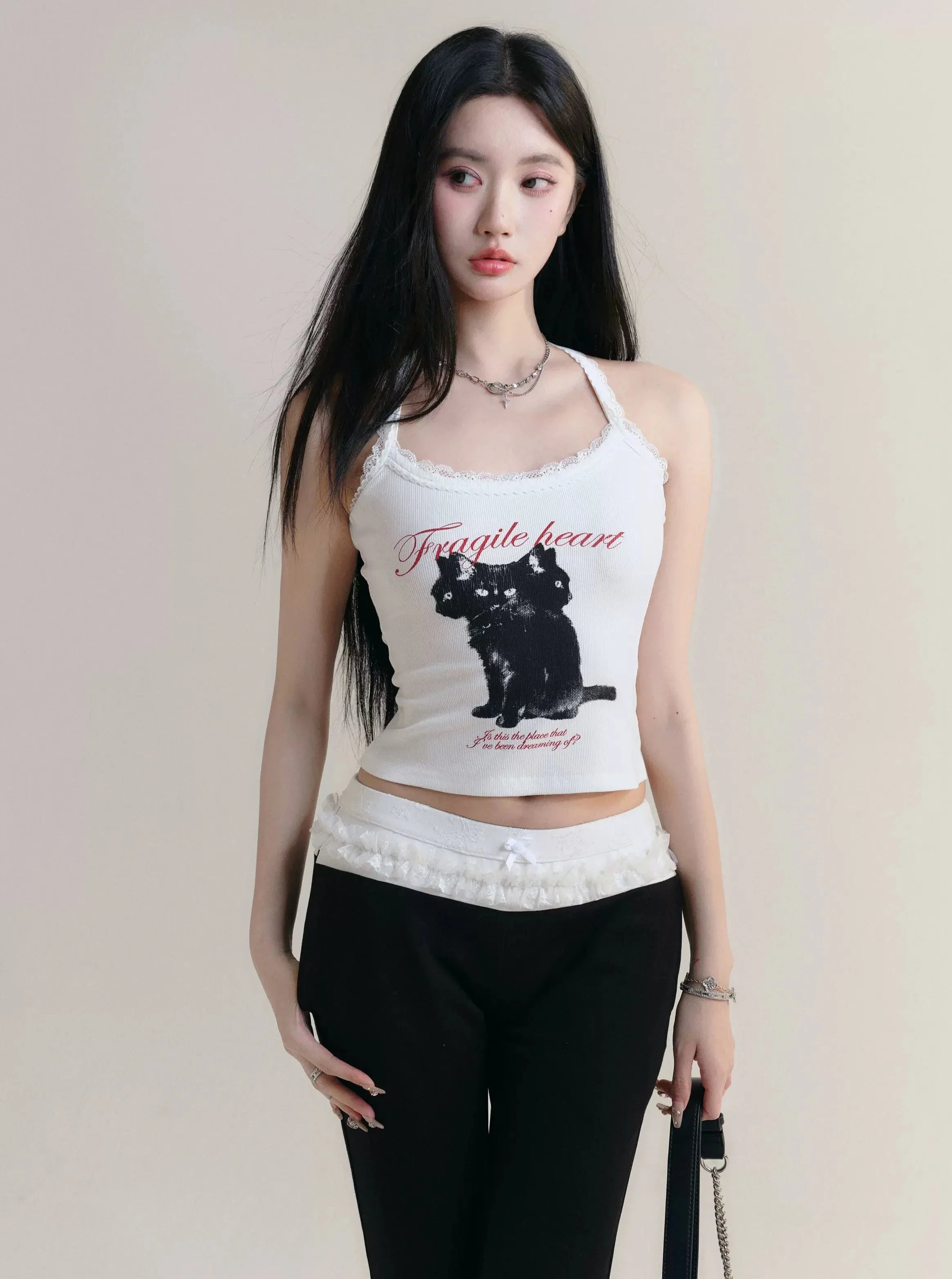 Feline Flair Lace-Trimmed Halter Tank - Black Cat Graphic slim fit tank