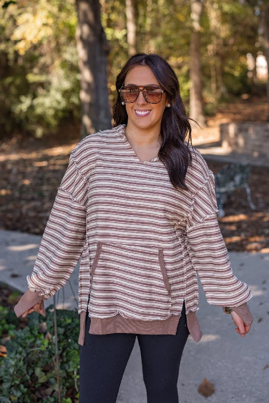 Striped Indulgence Brown Textured Hoodie Hoodie with Tied Waist Feminine Flattering