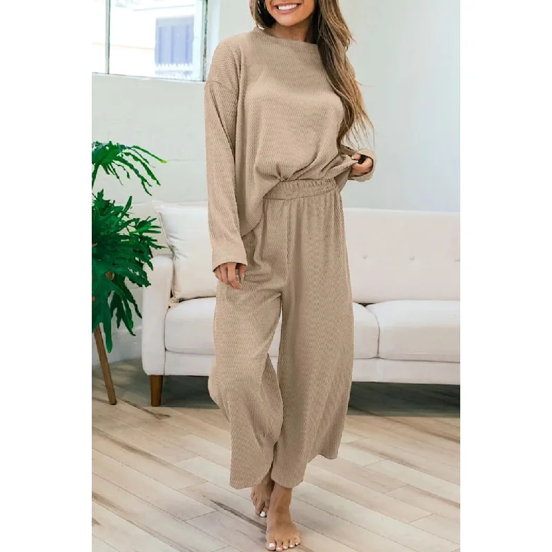 Smoke Gray Loose Textured Pullover and Pants Outfit Slim Sleeve Pullover