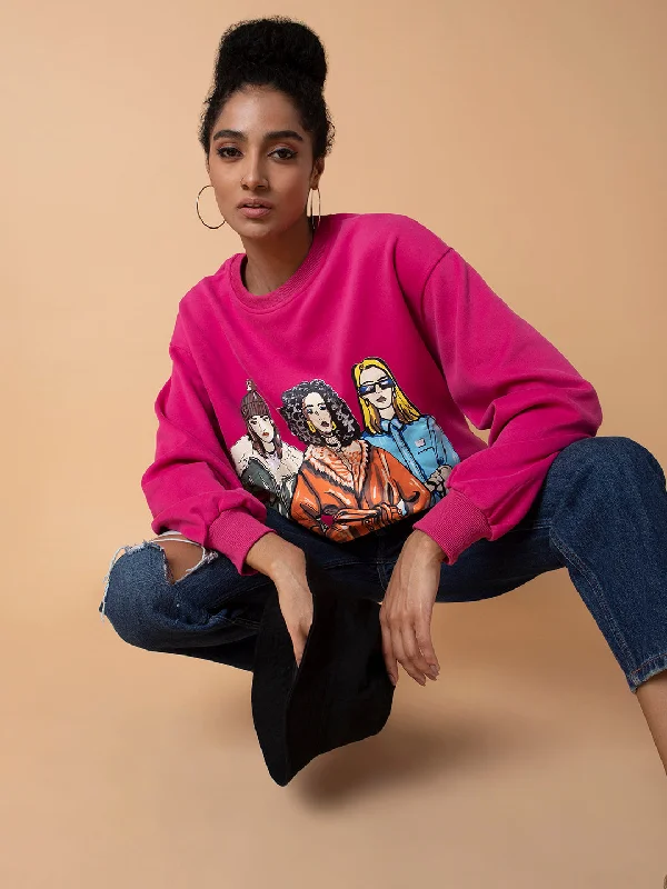 Women Graphic Pink Oversized Pullover-6308-Pink Oblong Neck Pullover