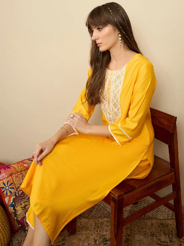 Women Yellow Embroidered Straight Kurta Trousers Set Trousers Brand Named