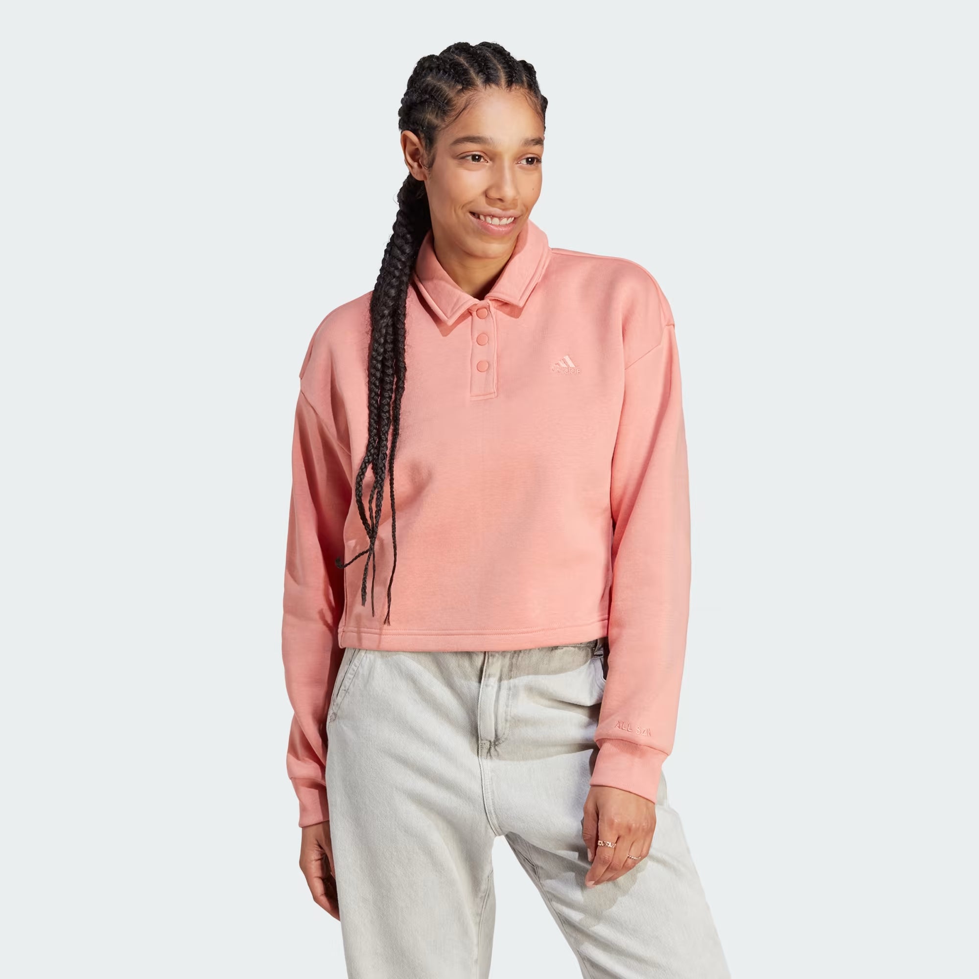Adidas All Szn Fleece Graphic Polo Sweatshirt - Women Hoodie with Velcro Closure Adjustable Secure