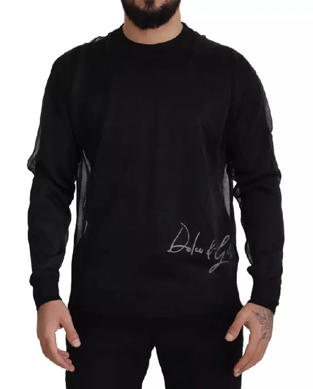 Black Polyester Logo Men Pullover Sweater Fine Merino Wool
