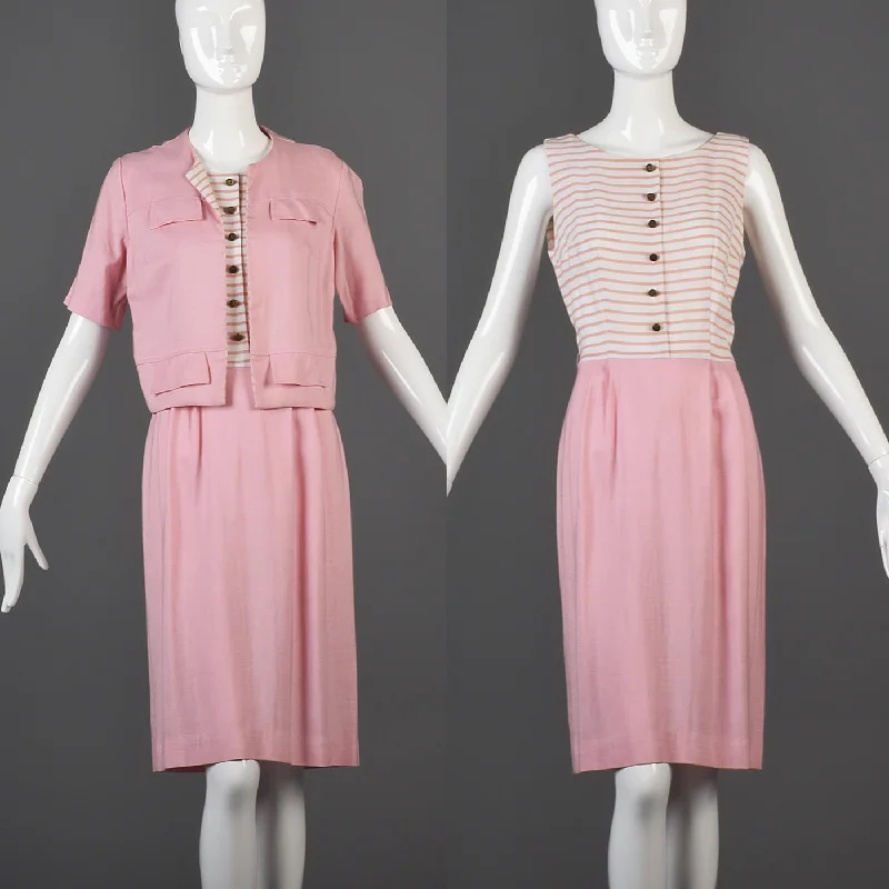 1960s Pink Stripe Dress and Jacket Set Tailored Jacket Straight Jacket A-Line Jacket