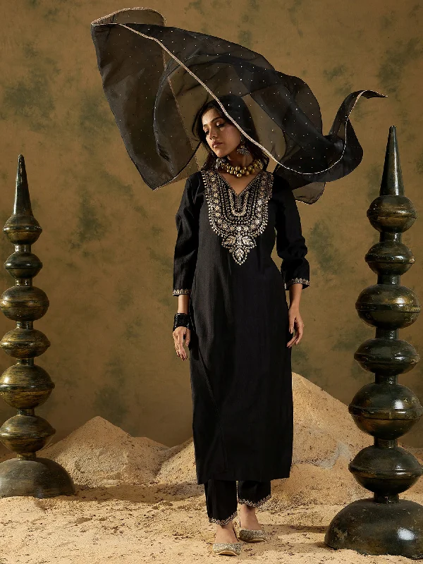 Women Black Embroidered Straight Kurta Trousers With Dupatta Set Trousers Prom Sequined Women Black Embroidered Straight Kurta Trousers With Dupatta Set Trousers Prom Sequined