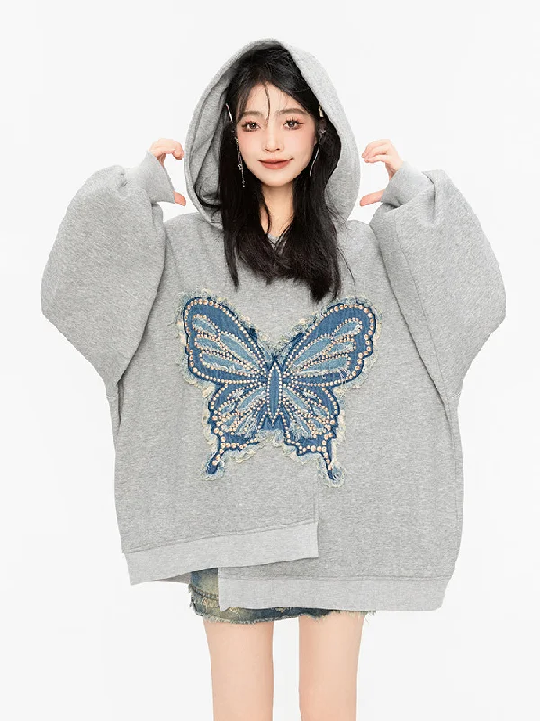 Butterfly Embroidery Deformation Loose Hoodie Top KEI0040 Hoodie with Button Placket Classic Preppy