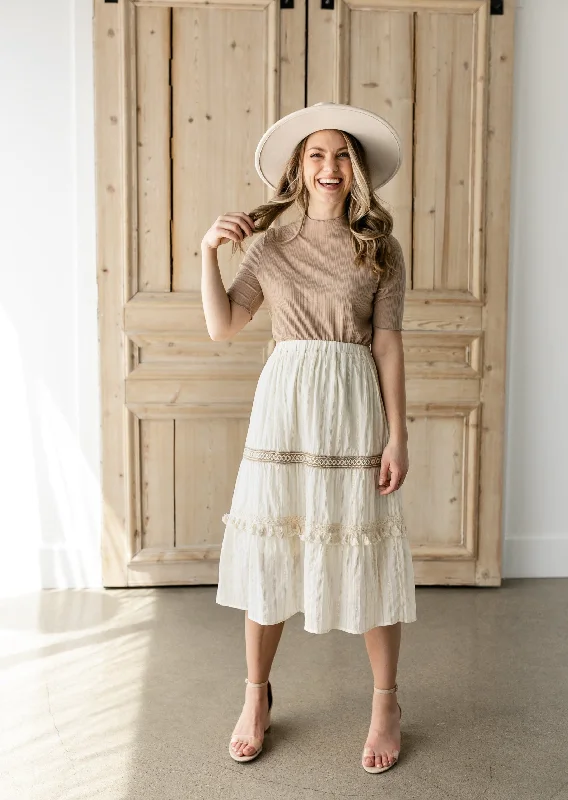 Cream Midi Skirt With Contrasting Lace Detail velvet skirt glossy