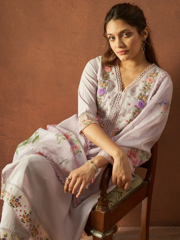 Women Lavender Embroidered Straight Kurta Trousers With Dupatta Set Trousers fashionable trendy