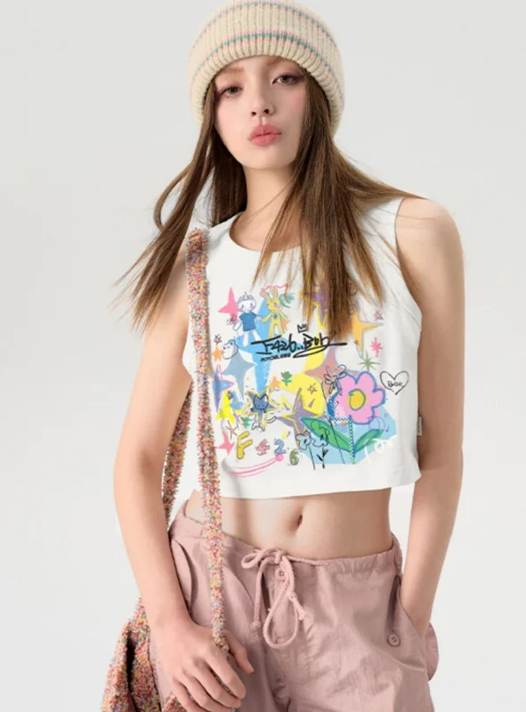 Fun Cartoon Graffiti Letter Tank Top cutout tank top