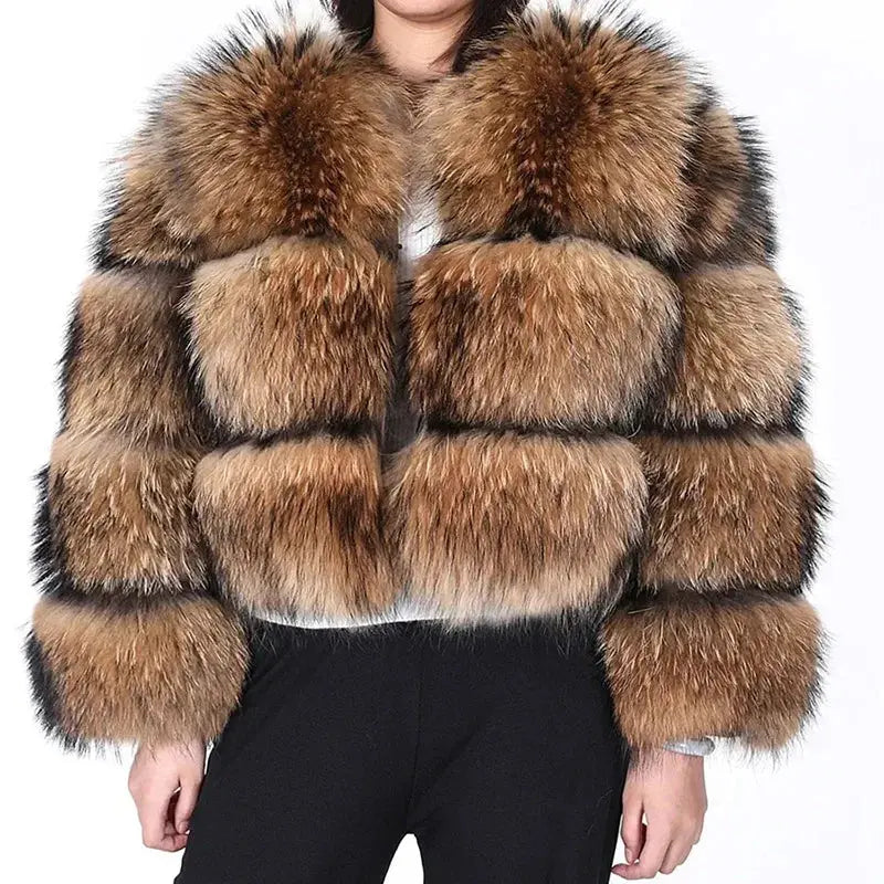 FZ Women's Luxury Thick Real Natural Fox Fur Jacket V-Neck Jacket Boat Neck Jacket Square Neck Jacket