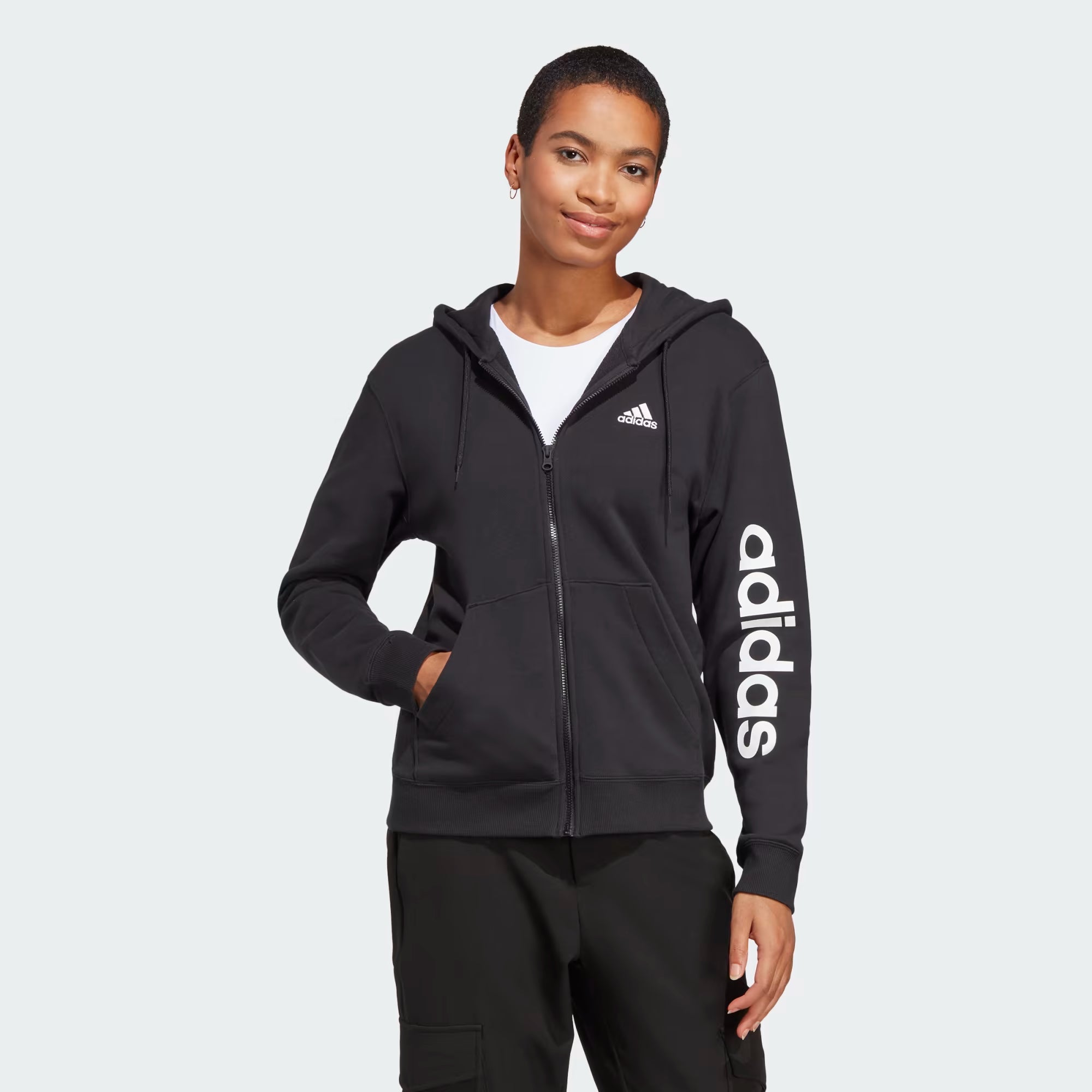 Adidas Essentials Linear Full-Zip French Terry Hoodie - Women Hoodie with Cropped Fit Short Trendy