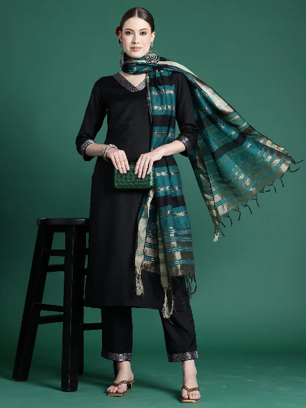 Women Black Self Design Straight Kurta Trousers With Dupatta Set Skinny Trousers Denim Stretchy