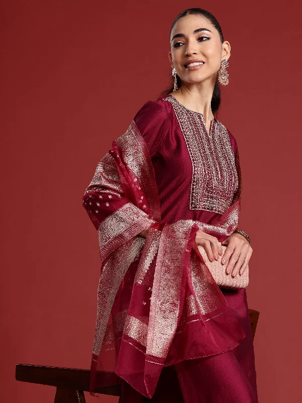 Women Burgundy Embroidered Straight Kurta Trousers With Dupatta Set Trousers Occasion Special Women Burgundy Embroidered Straight Kurta Trousers With Dupatta Set Trousers Occasion Special