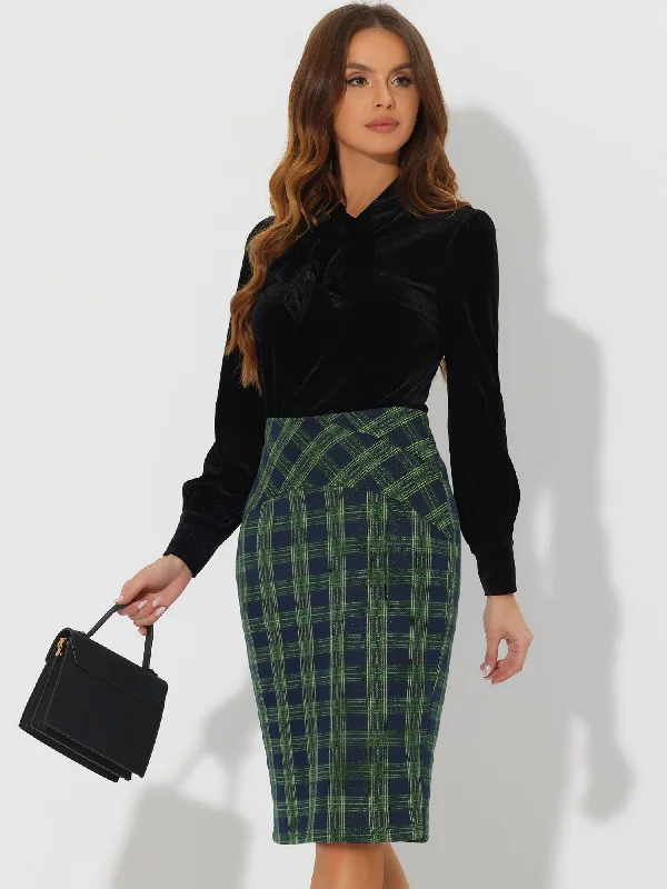 Women's Elastic High Waist Knee Length Plaid Pencil Skirt with Side Zipper floral skirt print