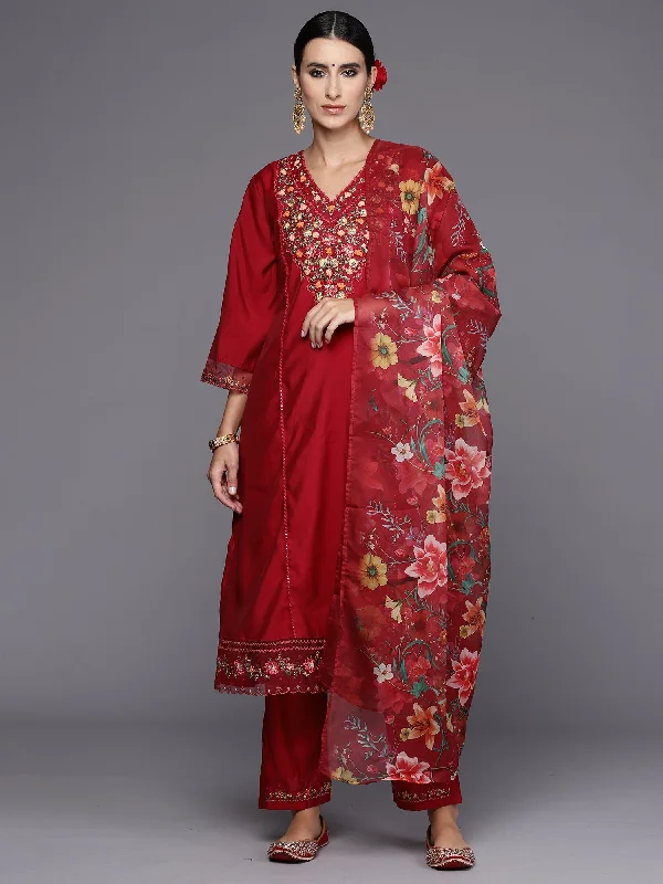 Women Red Embroidered A-Line Kurta Trousers With Dupatta Set Trousers fashionable chic