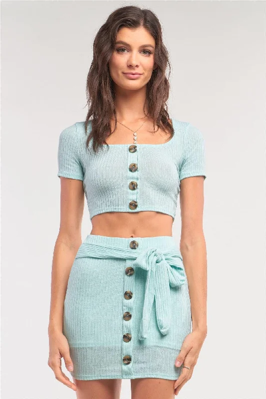 Mint Ribbed Scoop Neck Button Down Crop & Mock Wrap Mini Skirt Set leather skirt bold