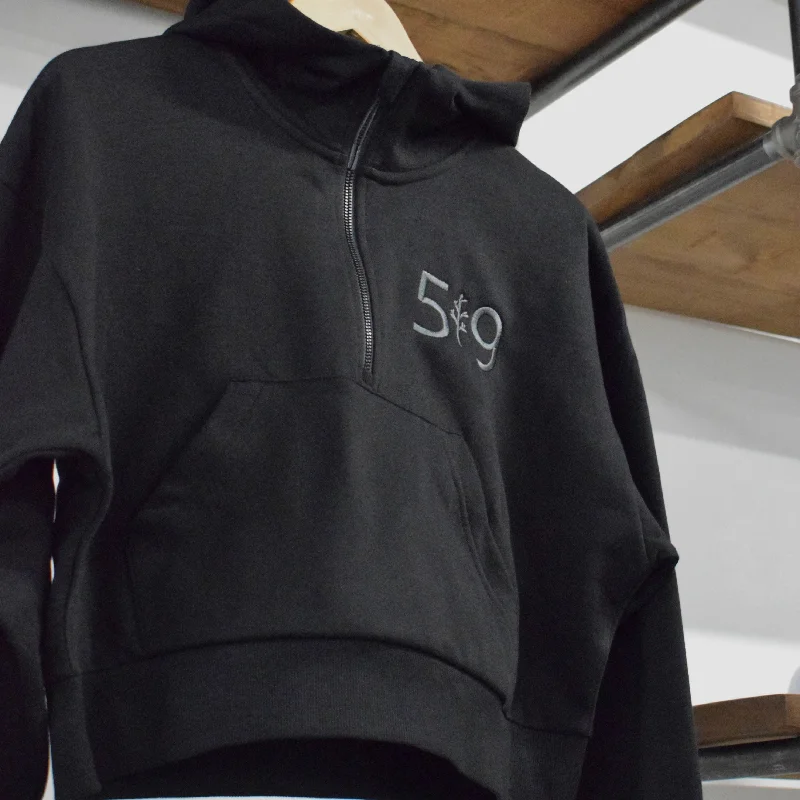 EMBROIDERED CROPPED SCUBA 1/2 ZIP HOODIE (WOMENS) Hoodie with Monochrome Minimalist Simple