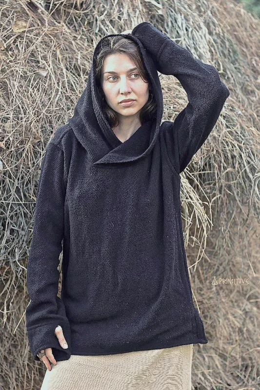 Nomad Women Pullover with Hoodie ⫸ Handwoven Hemp Wool Turtleneck Warm Pullover