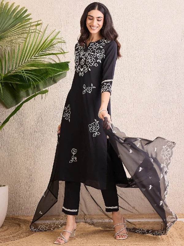 Women Black Embroidered Straight Kurta Trousers With Dupatta Set Trousers stylish modern