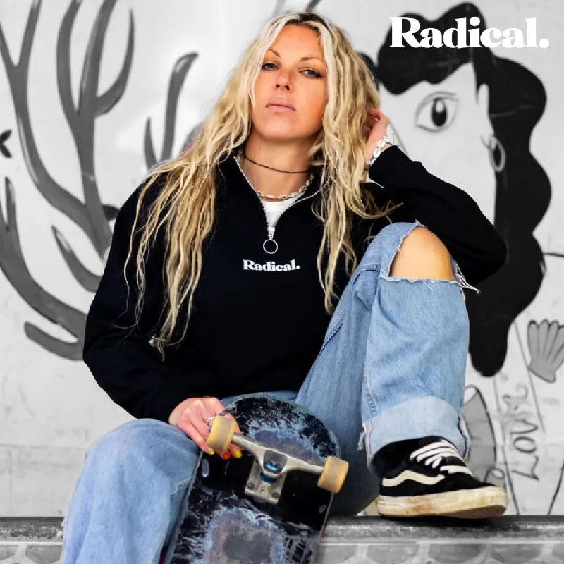 Radical. R logo 1/4 Zip Women's Cropped Sweatshirt - Black Hoodie with Applique Textured Unique
