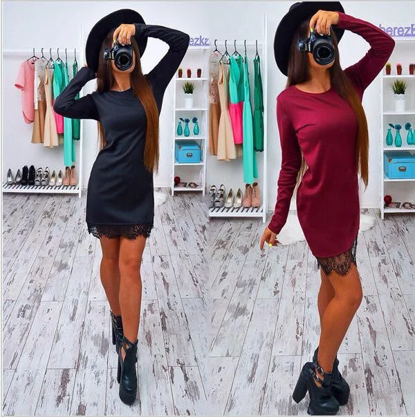 Autumn Lace Patchwork Women Dress Fashion O-neck Long Sleeve Black Red Elegant Dresses Casual Bodycon vestidos Plus size