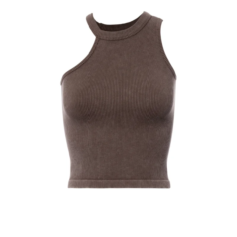 Mocha Ribbed Asymmetric Wash Tank peach tank top