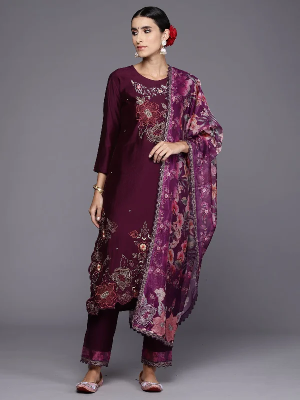 Women Wine Embroidered Straight Kurta Trousers With Dupatta Set Trousers versatile all-occasion